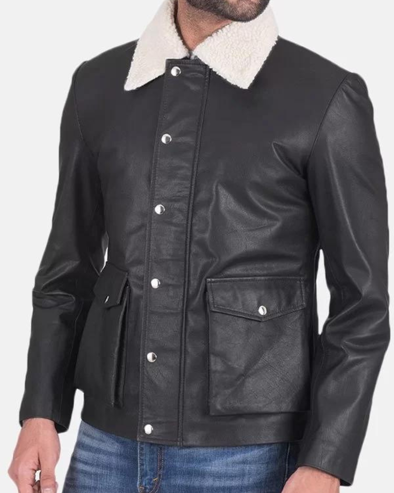 Men’s Flap Pockets Black Leather Jacket