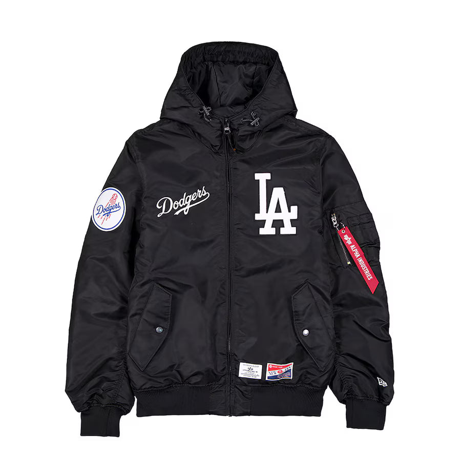 Men&amp;#39;s Los Angeles Dodgers New Era x Alpha Industries Black Current Day Full-Zip Hooded Nylon Bomber Jacket