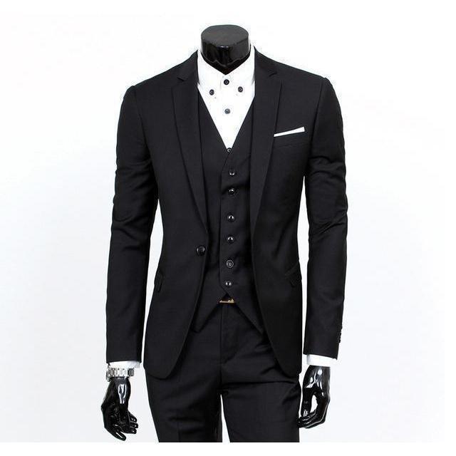 Men&amp;#39;s Black One Button Slim Fit Suit - Three Piece