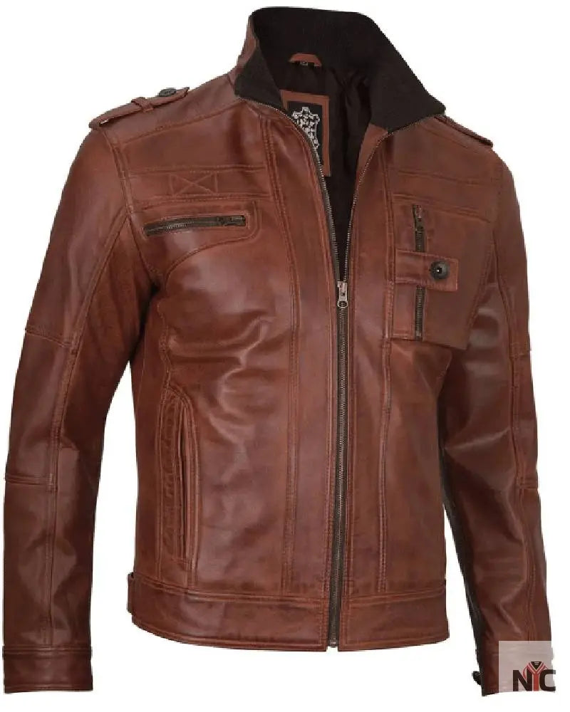 Mens Cognac Brown Leather Biker Jacket