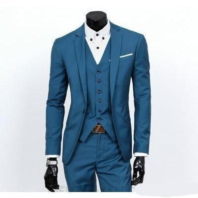 Men&amp;#39;s Sea Blue One Button Slim Fit Suit - Three Piece