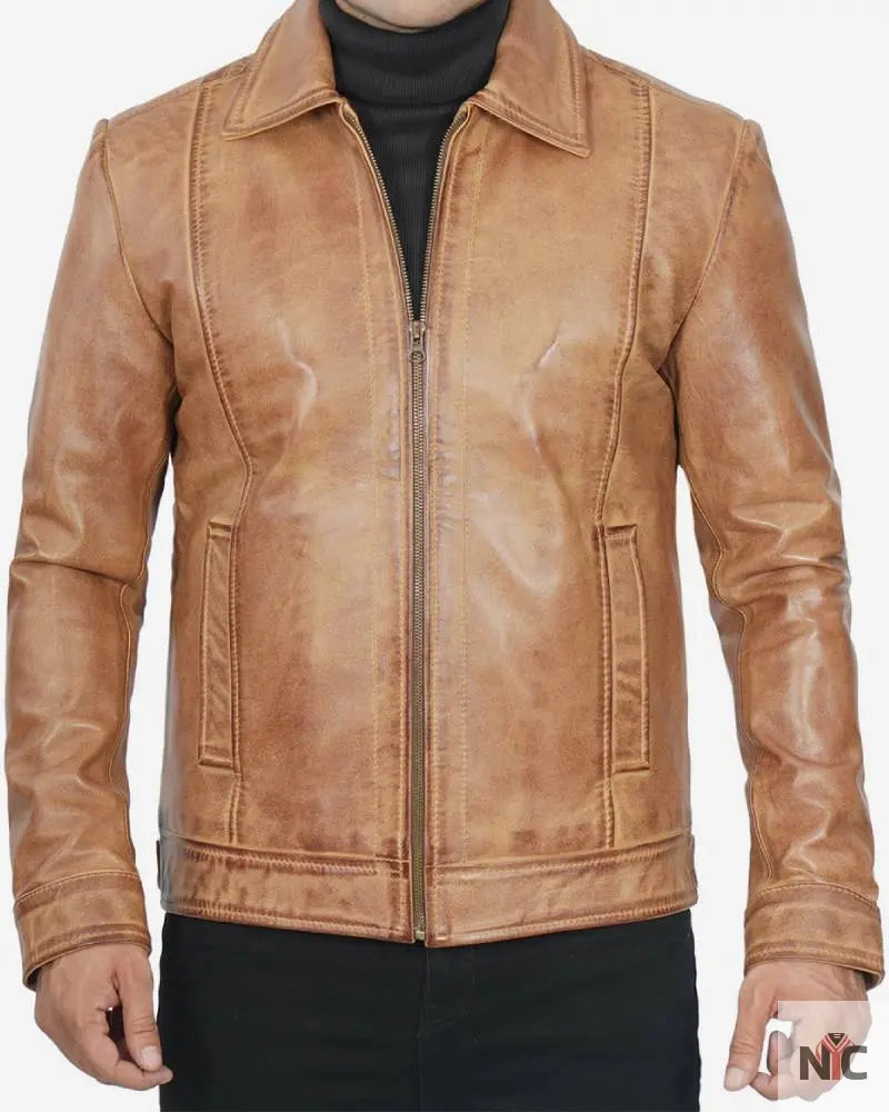 Mens Shirt Collar Yellow Waxed Leather Jacket