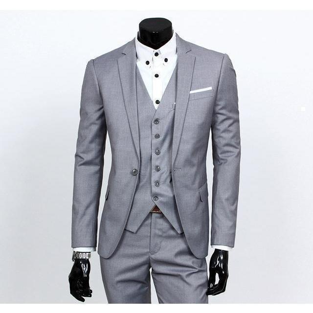 Men&amp;#39;s Silver One Button Slim Fit Suit - Three Piece