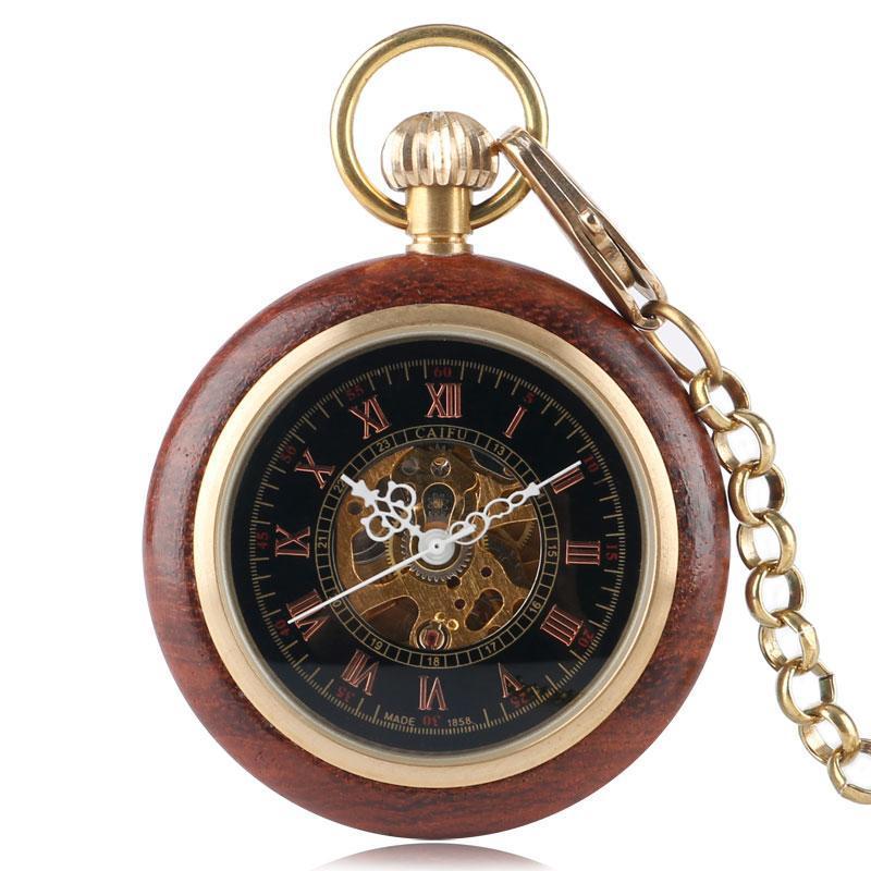 Men&amp;#39;s Steampunk Wooden Mechanical Pocket Watch