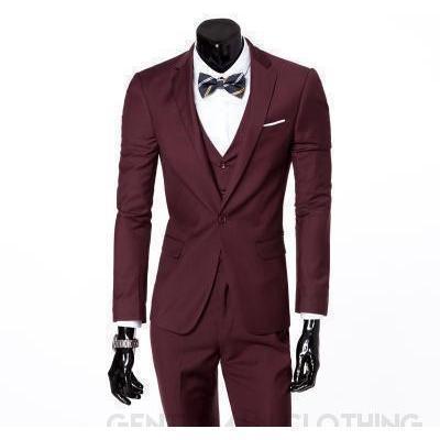 Men&amp;#39;s Wine One Button Slim Fit Suit - Three Piece