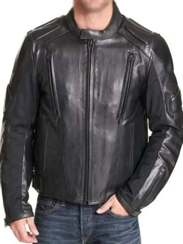 Men Motorcycle Black Padded Real Leather Jacket