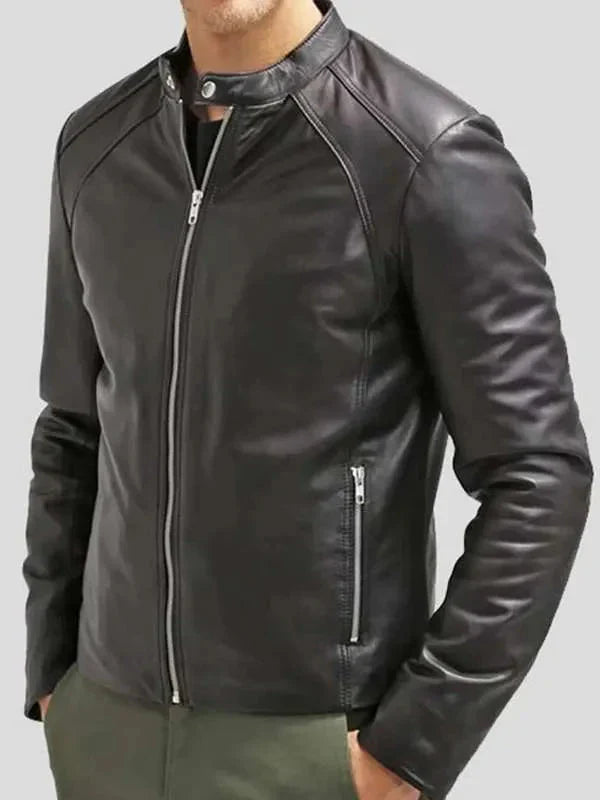 Men Cafe Racer Black Slim Fit Real Leather Jacket