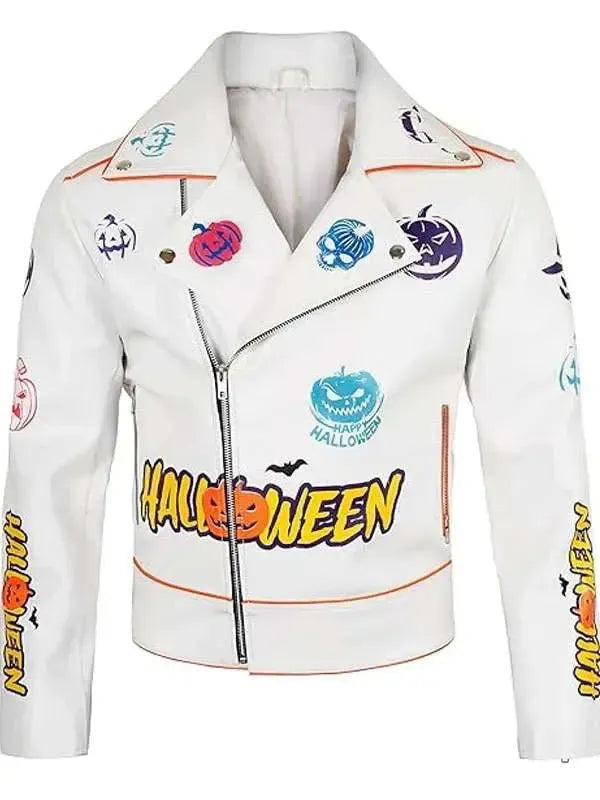 Men’s Halloween Pumpkin White Biker Leather Jacket