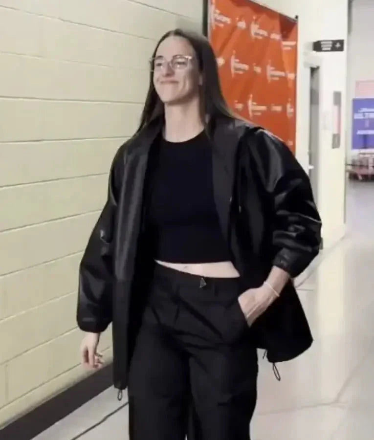 Caitlin Clark 2025 WNBA Playoffs Semifinal Black Leather Jacket