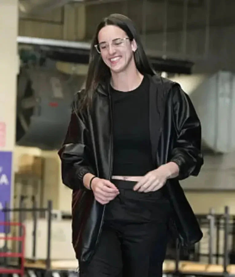 Caitlin Clark 2025 WNBA Playoffs Semifinal Black Leather Jacket