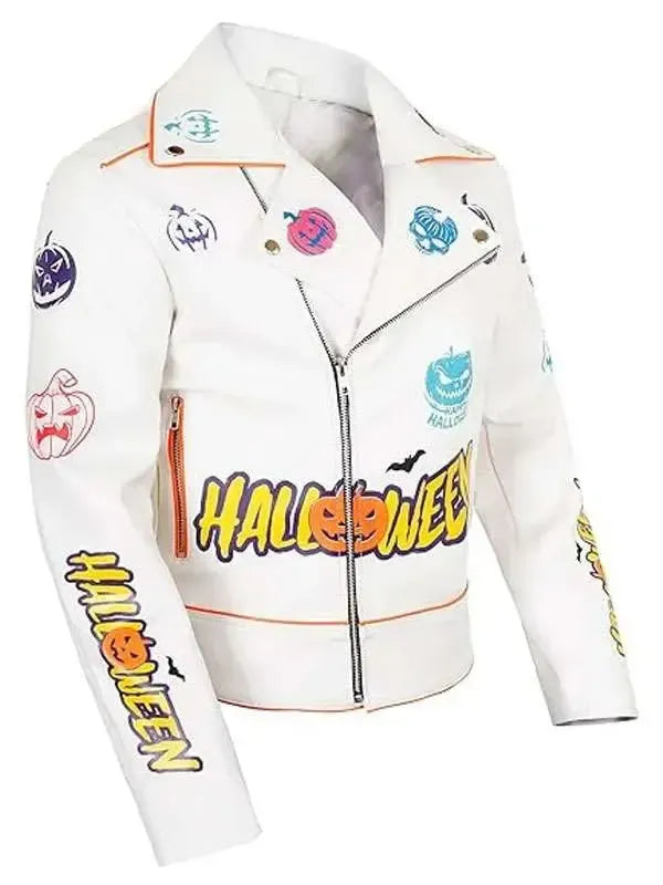 Men’s Halloween Pumpkin White Biker Leather Jacket