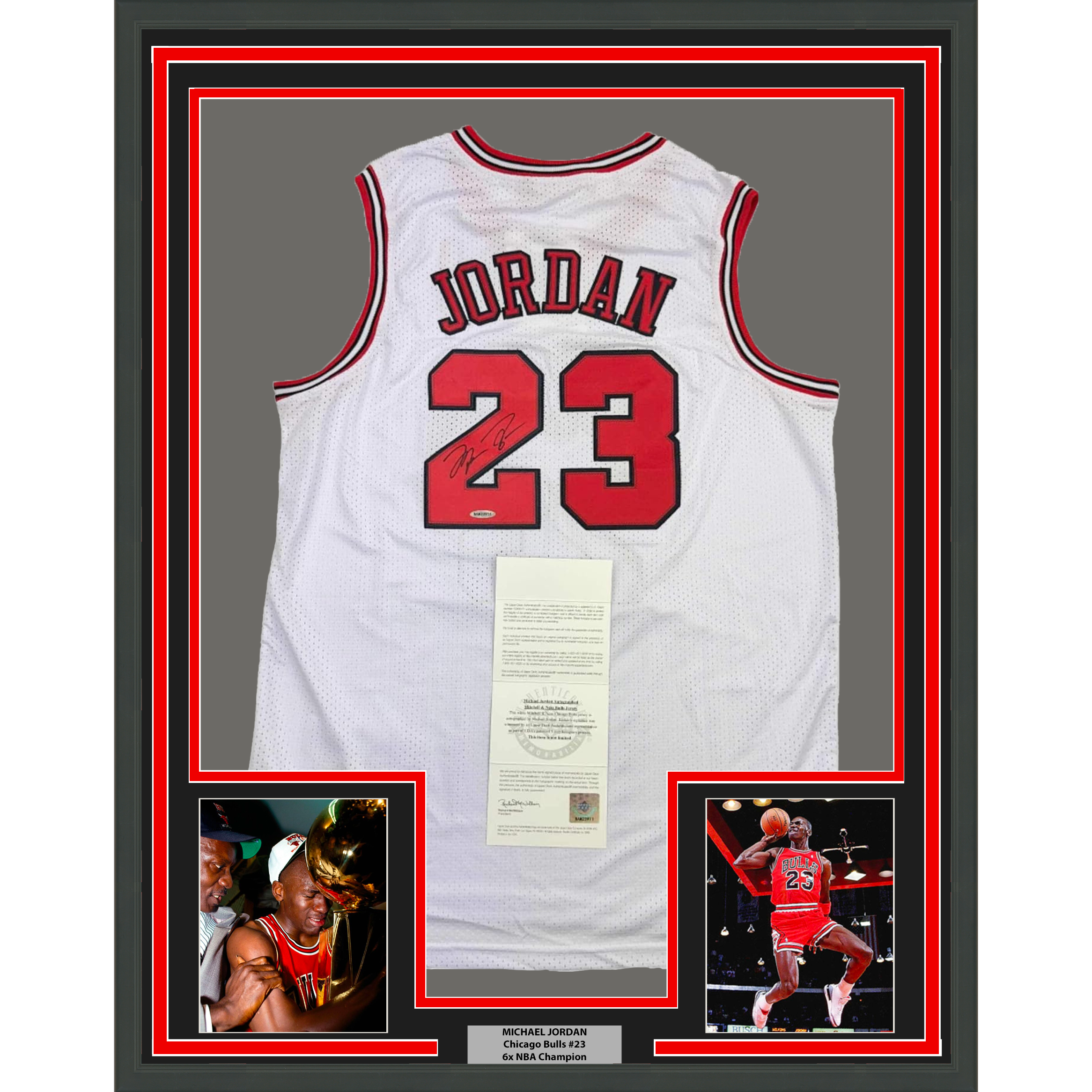 Framed Autographed/Signed Michael Jordan 35x39 Chicago White Basketball Jersey Upper Deck UDA COA