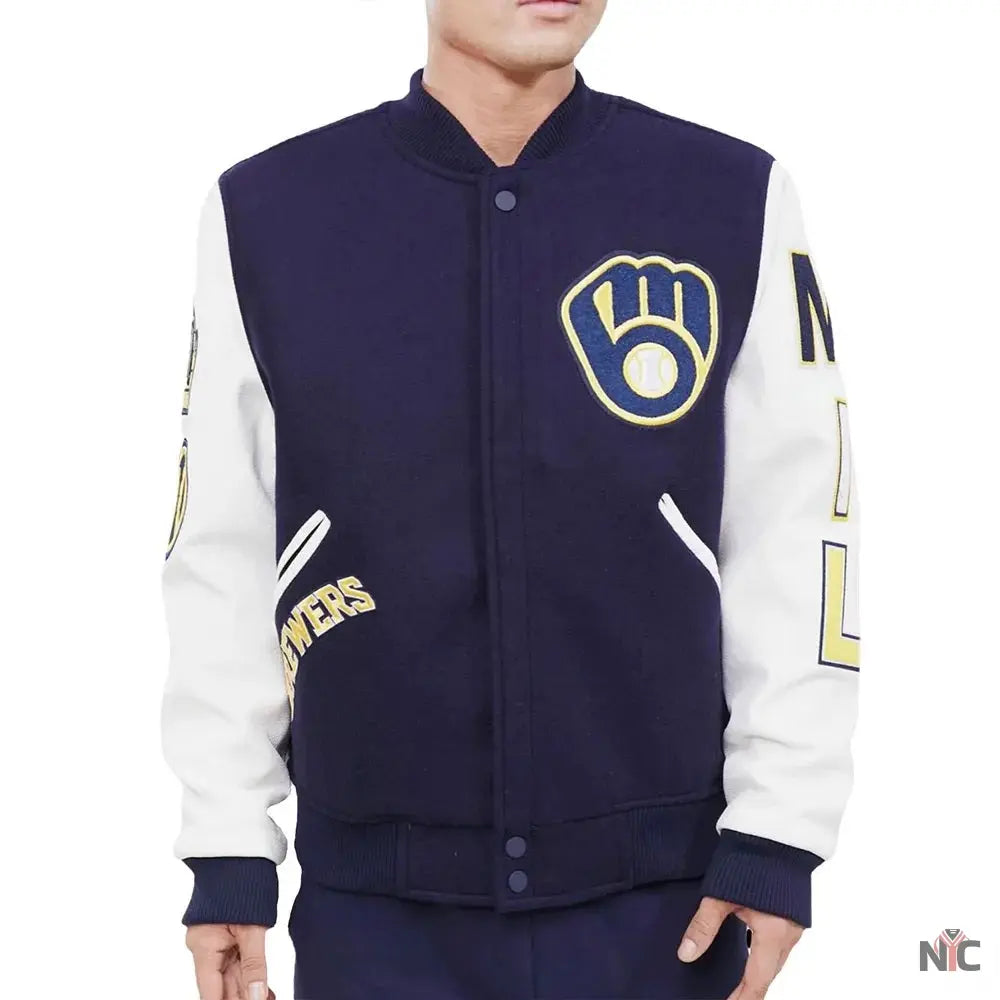 Milwaukee Brewers Blue and White Letterman Jacket
