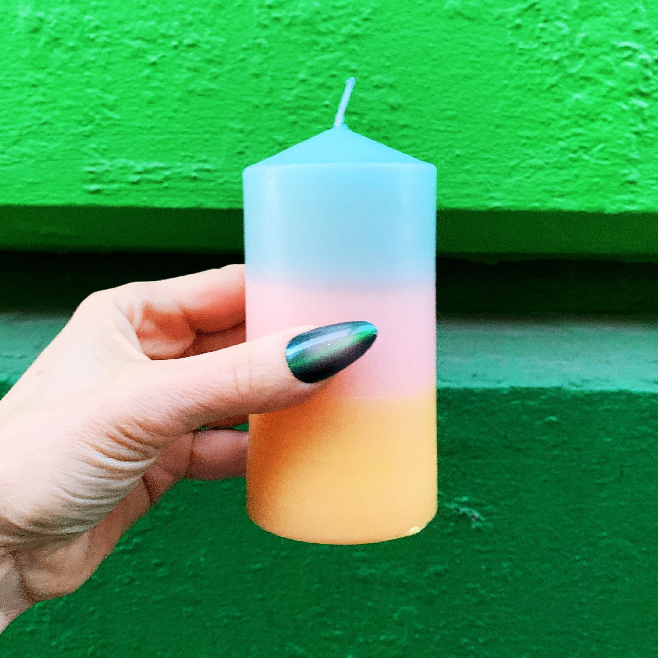 Mini Pillar Candle in Blue Pink Orange | Tri-Colored Ombre Aesthetic Table Candle 4.75&amp;quot;