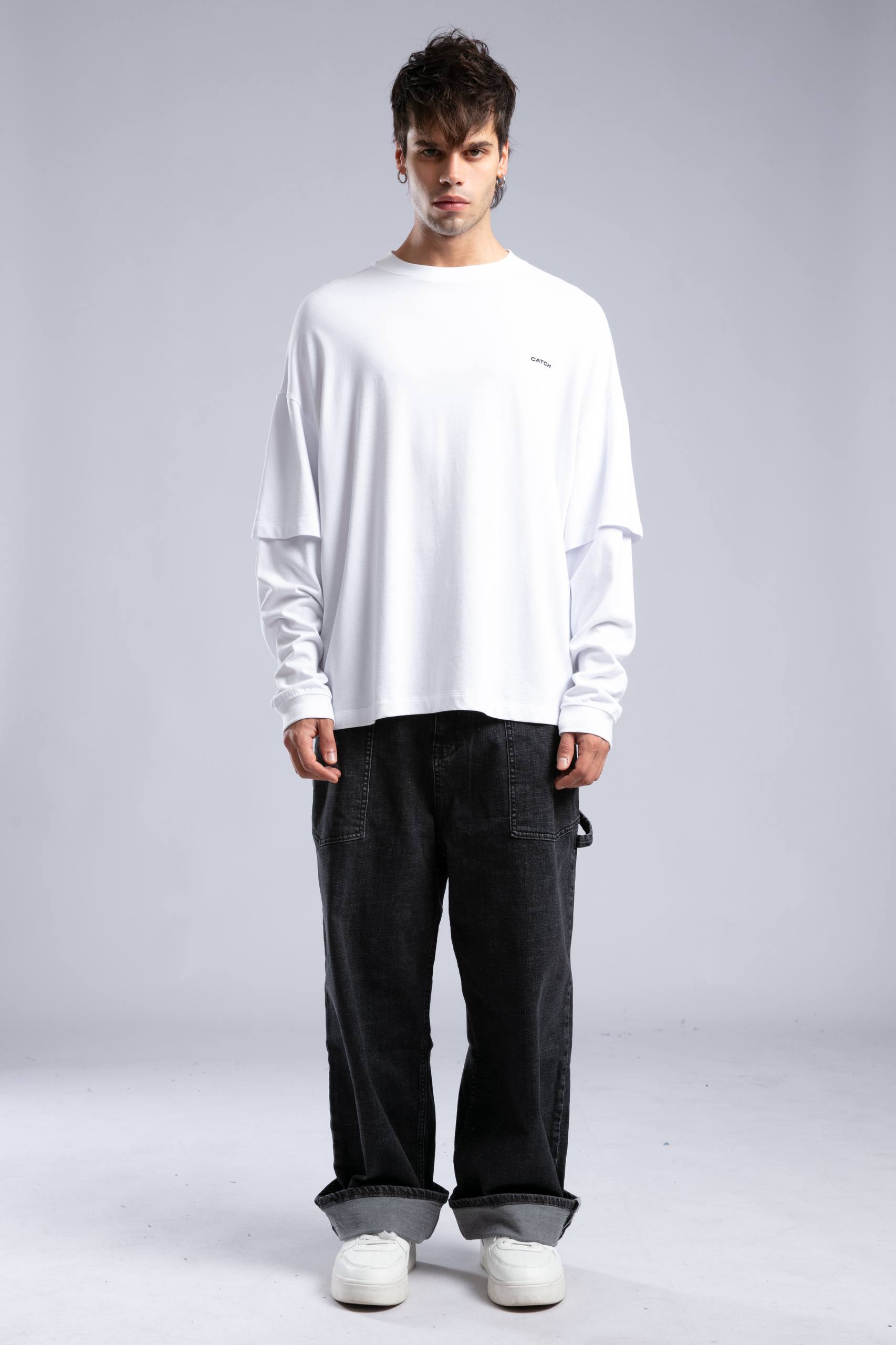 Minimalist Layered Long Sleeve Oversized T-shirt – White &amp;amp; Black