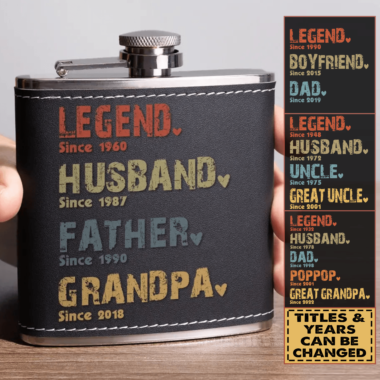 The Amazing Journey Of A Man - Personalized Custom Year Leather Hip Flask - Father&amp;#39;s Day Gift for Family Members Grandpa, Dad, Boyfriend, Husband, Uncle