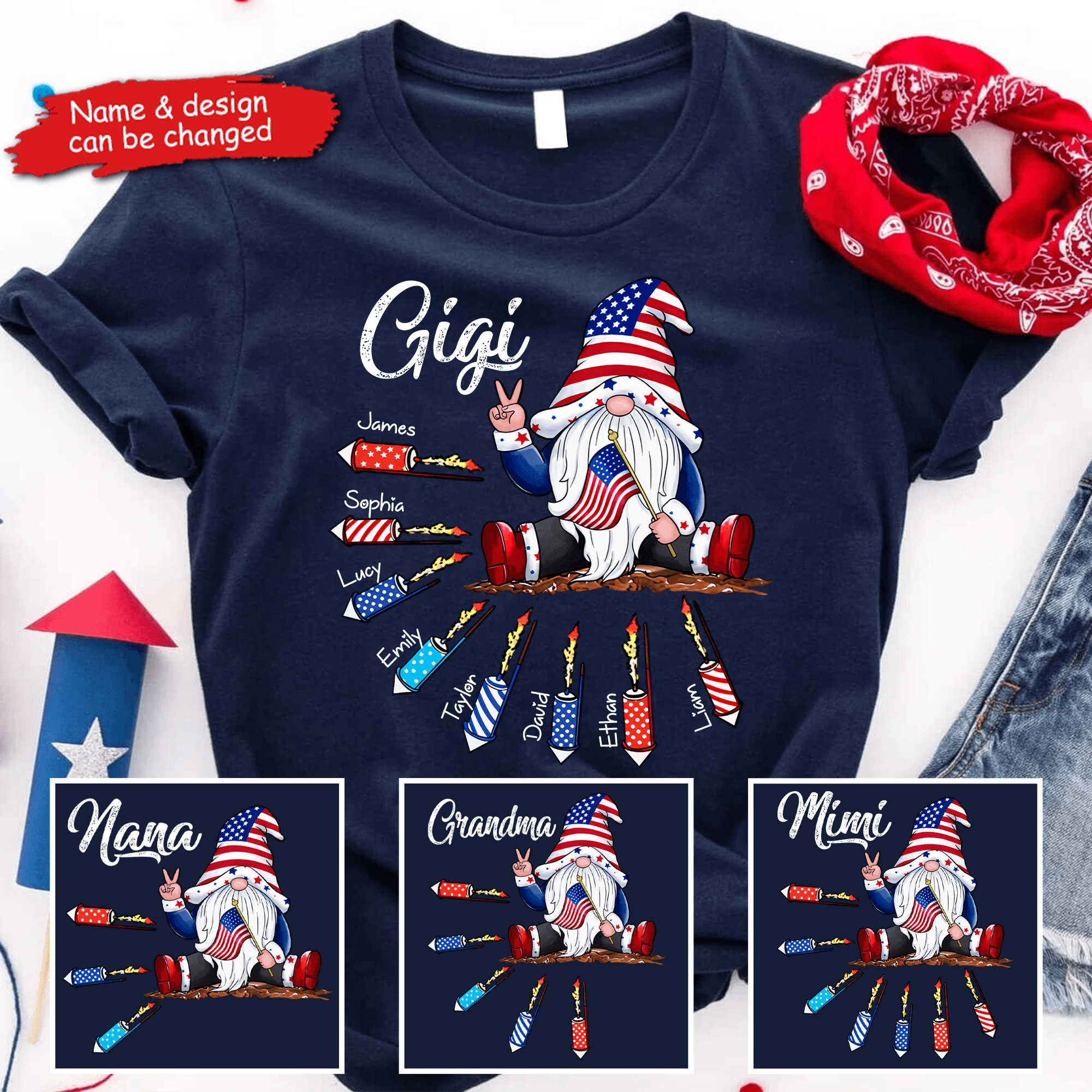 Fourth 4th Of July Gnome Grandma&amp;#39;s Firecrackers - Personalized Custom Kids Names T Shirt - Independence Day, Birthday, Loving, Funny Gift for Patriotic Grandma/Nana/Mimi, Mom, Wife, Grandparent