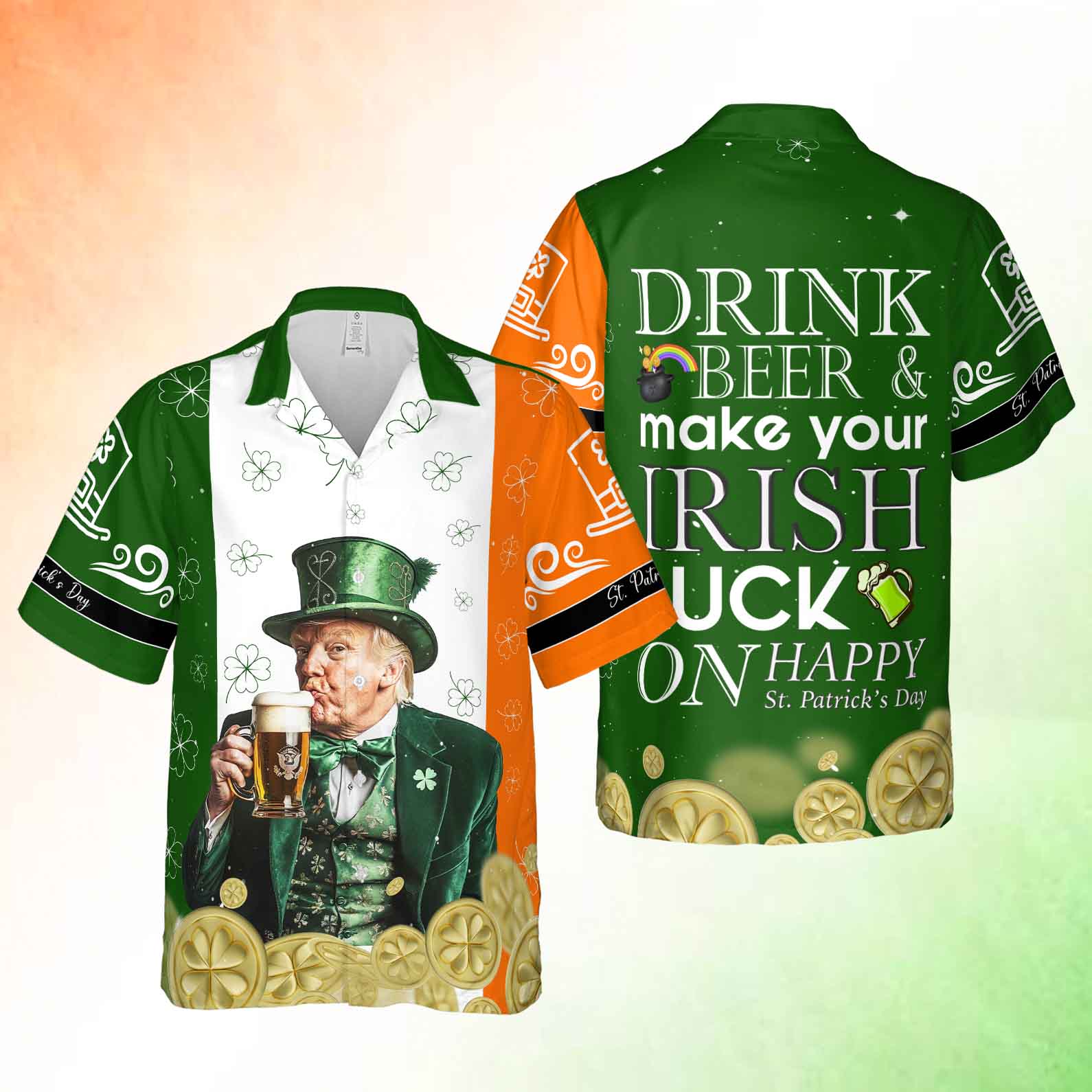 Trump Drinking Beer Hawaiian Shirt| St. Patrick&amp;#39;s Day 3D Shirt | Trump Hawaiian Shirt, Funny Political Parody 681931- GOP