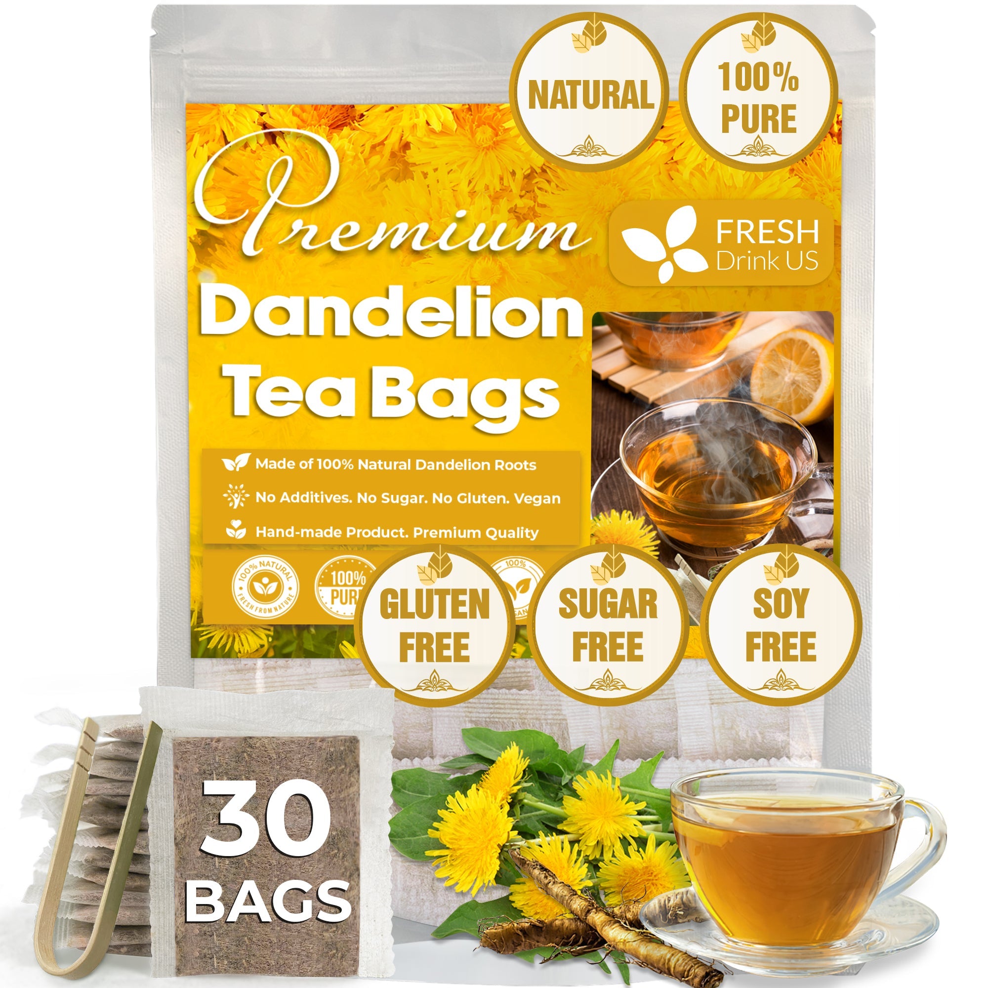Dandelion Root Tea Bags, 100% Natural &amp;amp; Pure from Dandelion Root, Eco-Conscious Tea Bags, Dandelion Root Herbal Tea. Dandelion Root Tea. No Sugar, No Caffeine, No Gluten, Vegan.