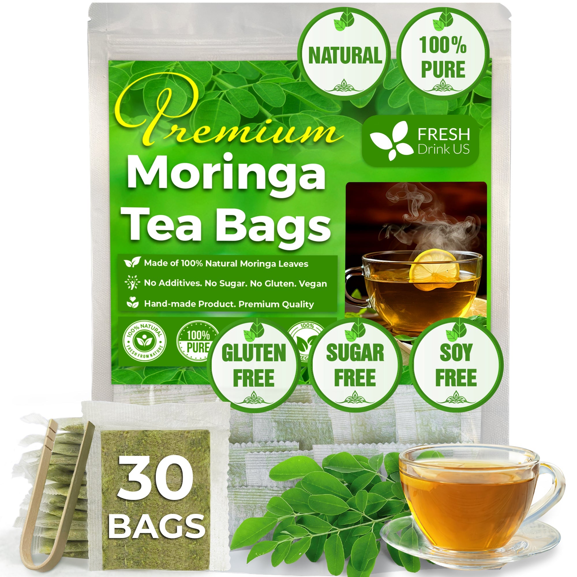 Moringa Leaf Tea Bags, 100% Natural &amp;amp; Pure from Moringa Leaves. Loose Leaf Moringa Herbal Tea. Moringa Leaf Tea. No Sugar, No Caffeine, No Gluten, Vegan