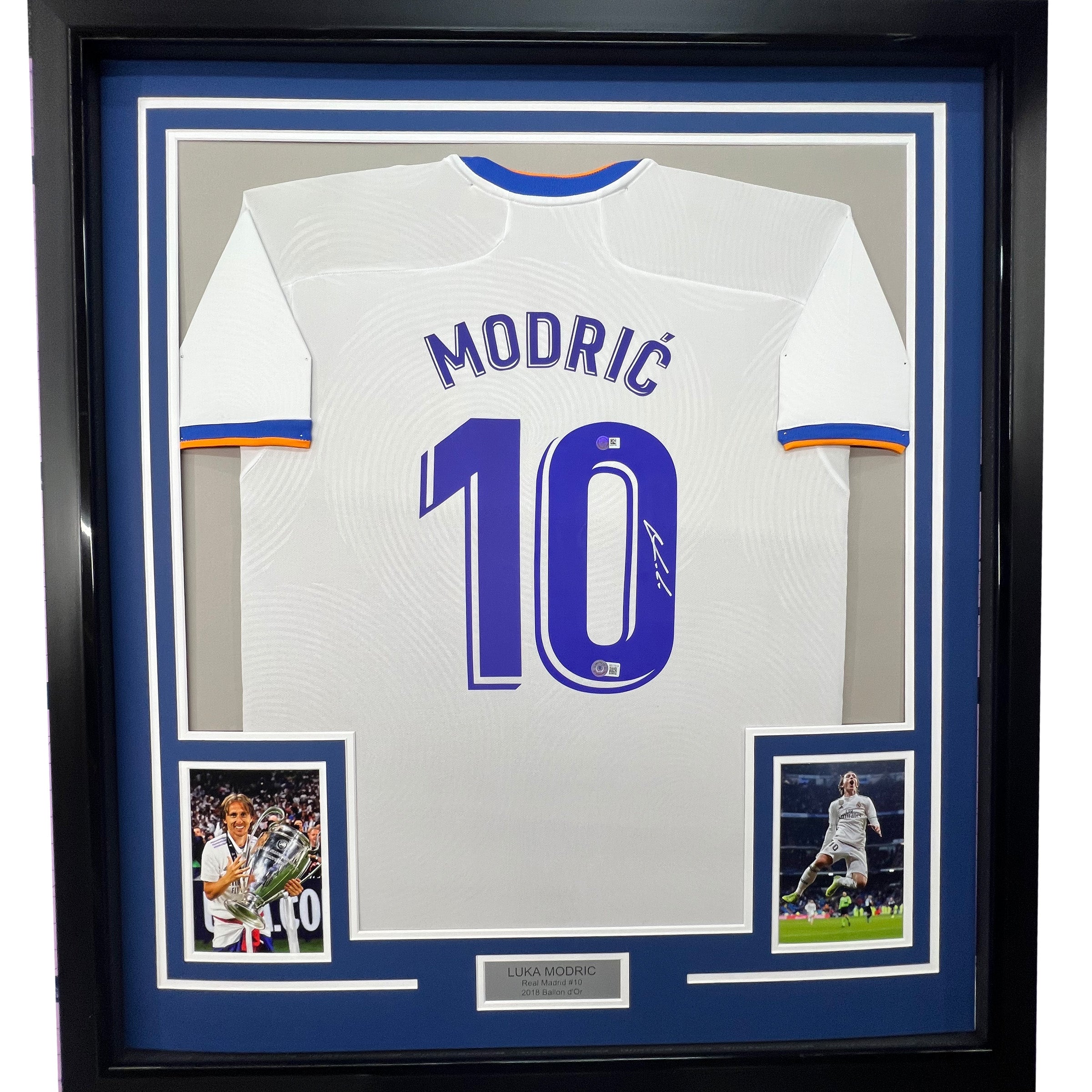 Framed Autographed/Signed Luka Modric 35x39 Real Madrid White Soccer Jersey Beckett BAS COA