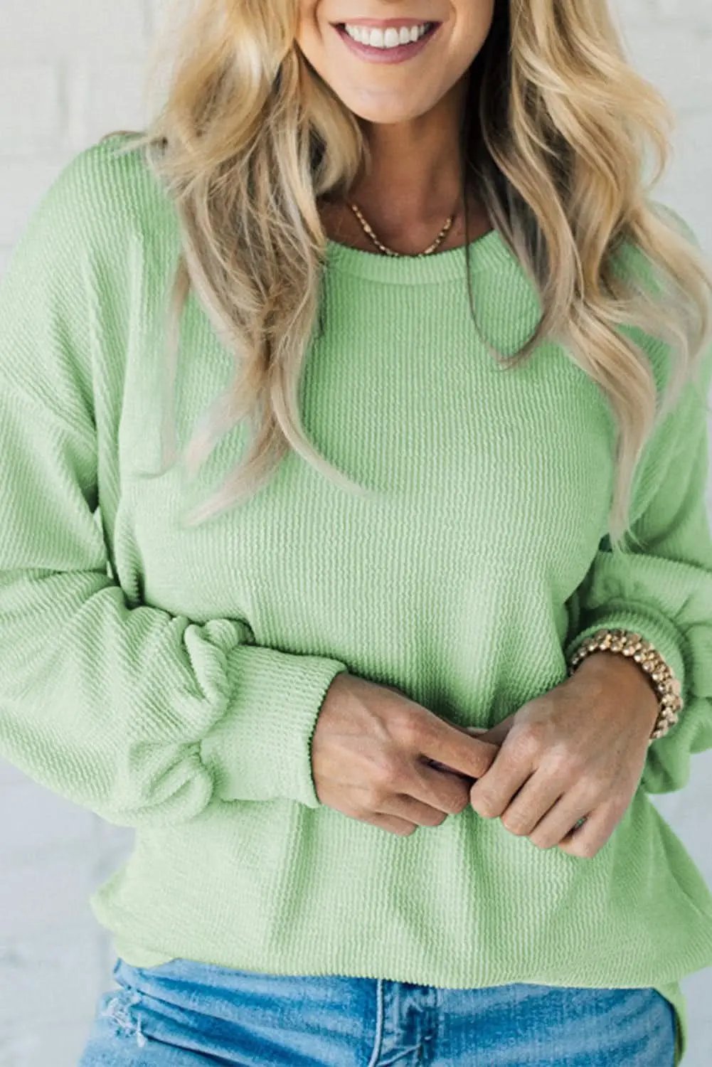 Love Salve Green Ribbed Pullover Women&amp;#39;s Casual Top: Soft &amp;amp; Cozy