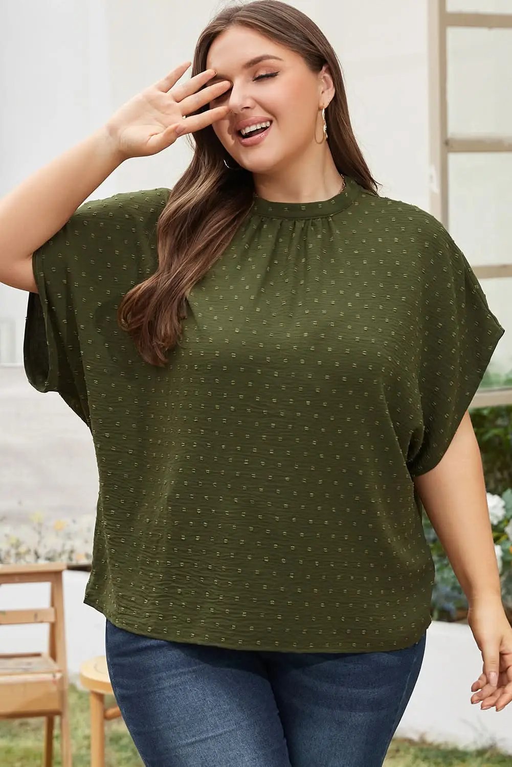 Love Salve Moss Green Swiss Dot Plus Size Women&amp;#39;s Top: Southern Belle Style, Summer Essential