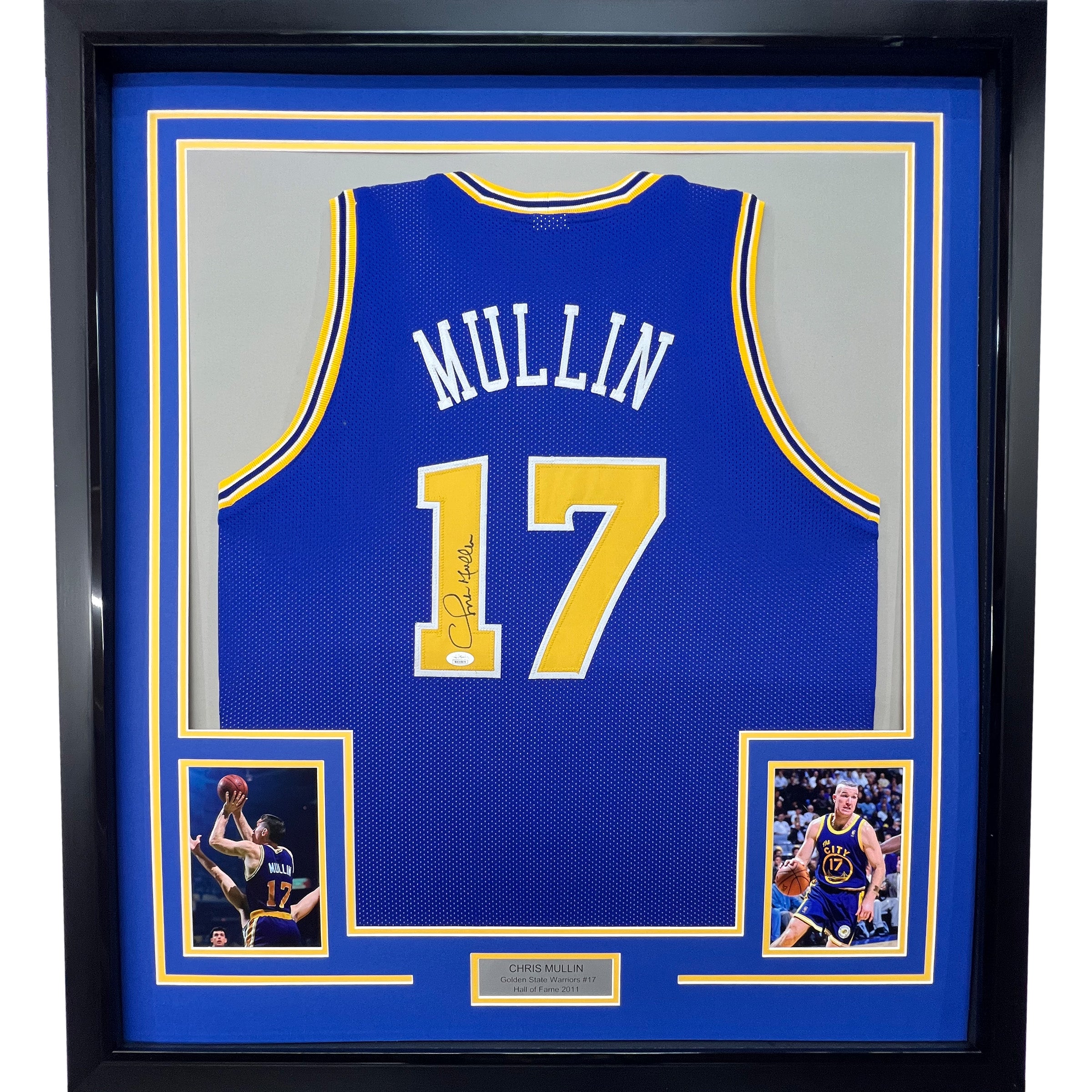 Framed Autographed/Signed Chris Mullin 35x39 Golden State Blue Basketball Jersey JSA COA
