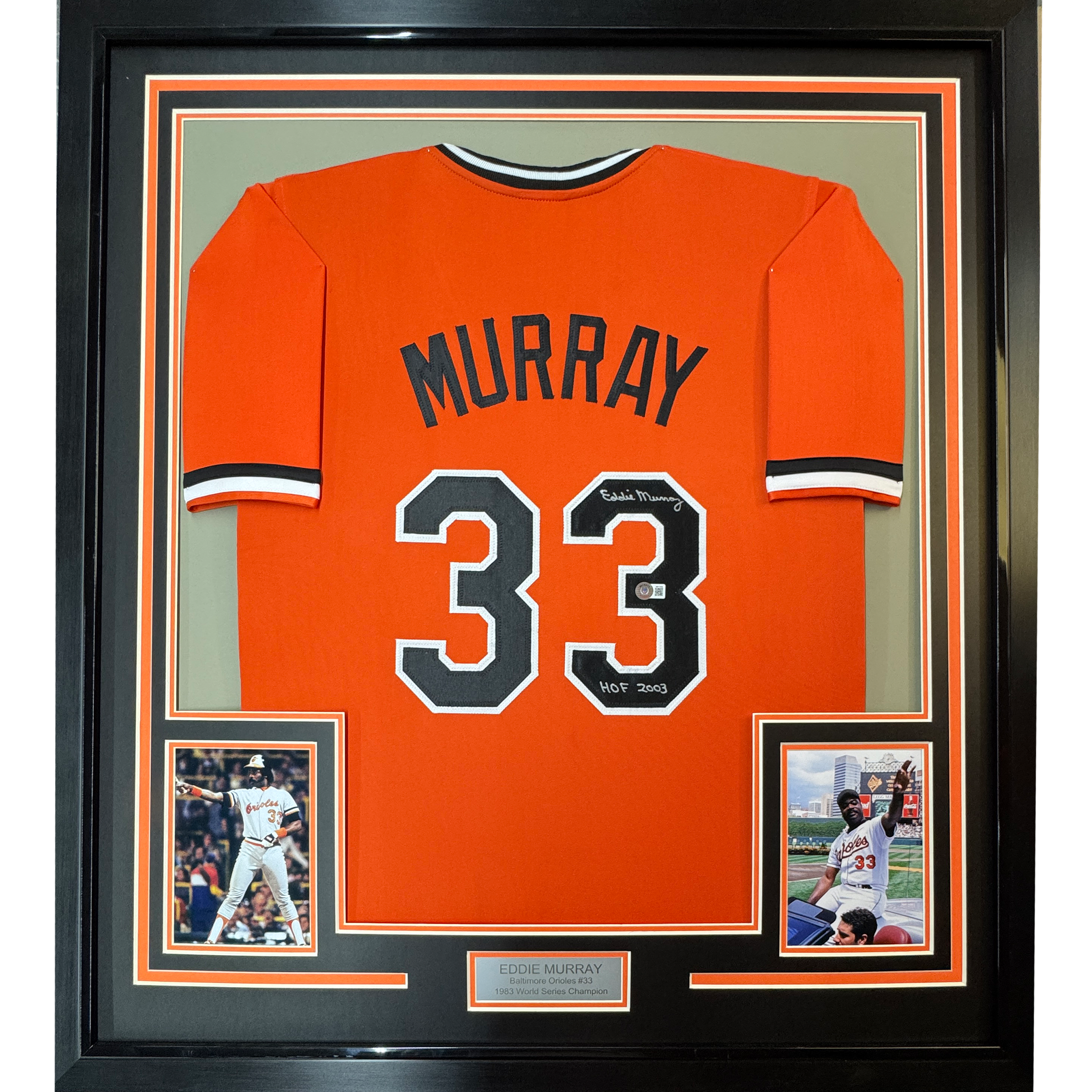 Framed Autographed/Signed Eddie Murray 35x39 Baltimore Orange Baseball Jersey Beckett BAS COA