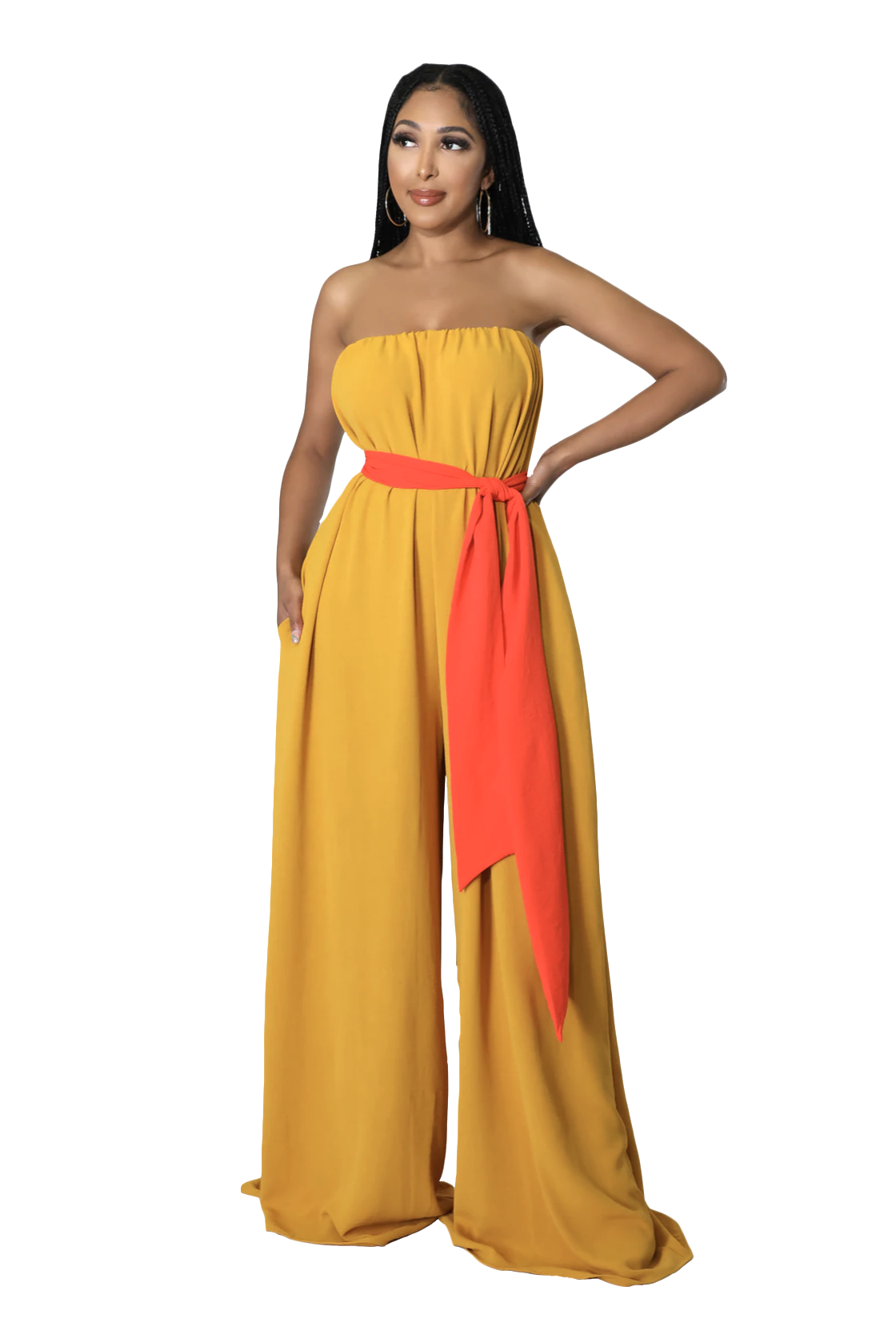 Mustard Strapless Jumpsuit with Orange Belt {33&amp;quot; inseam}