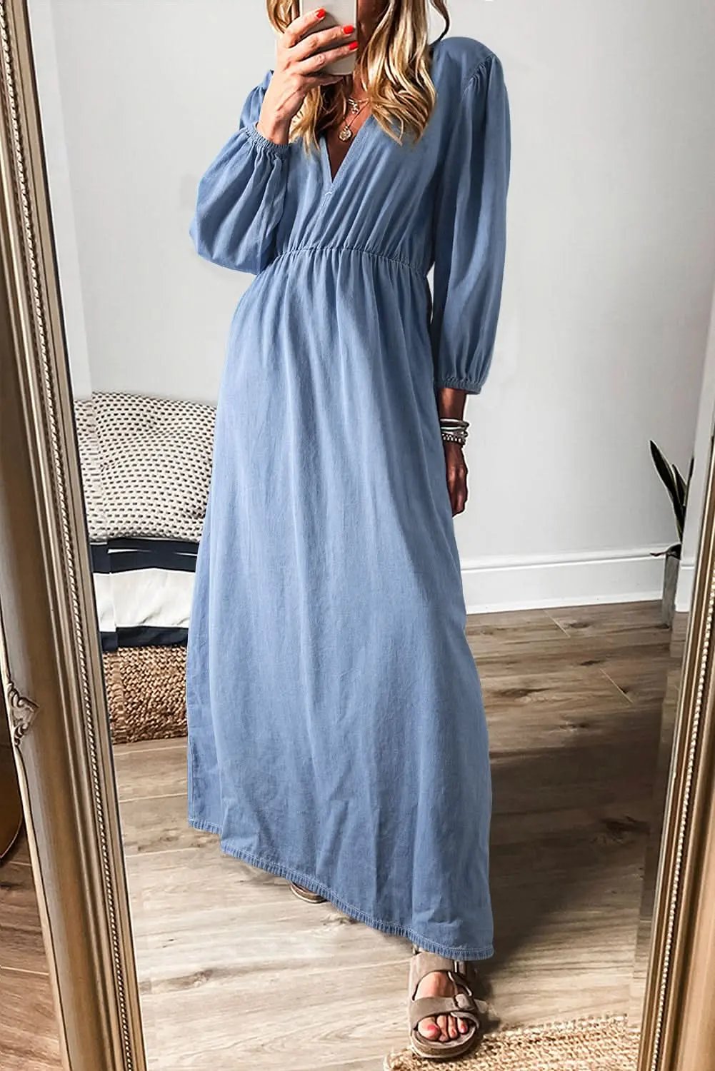 Love Salve Chambray Blue Dress Women&amp;#39;s Daily Maxi Dress Deep V, Bracelet Sleeves