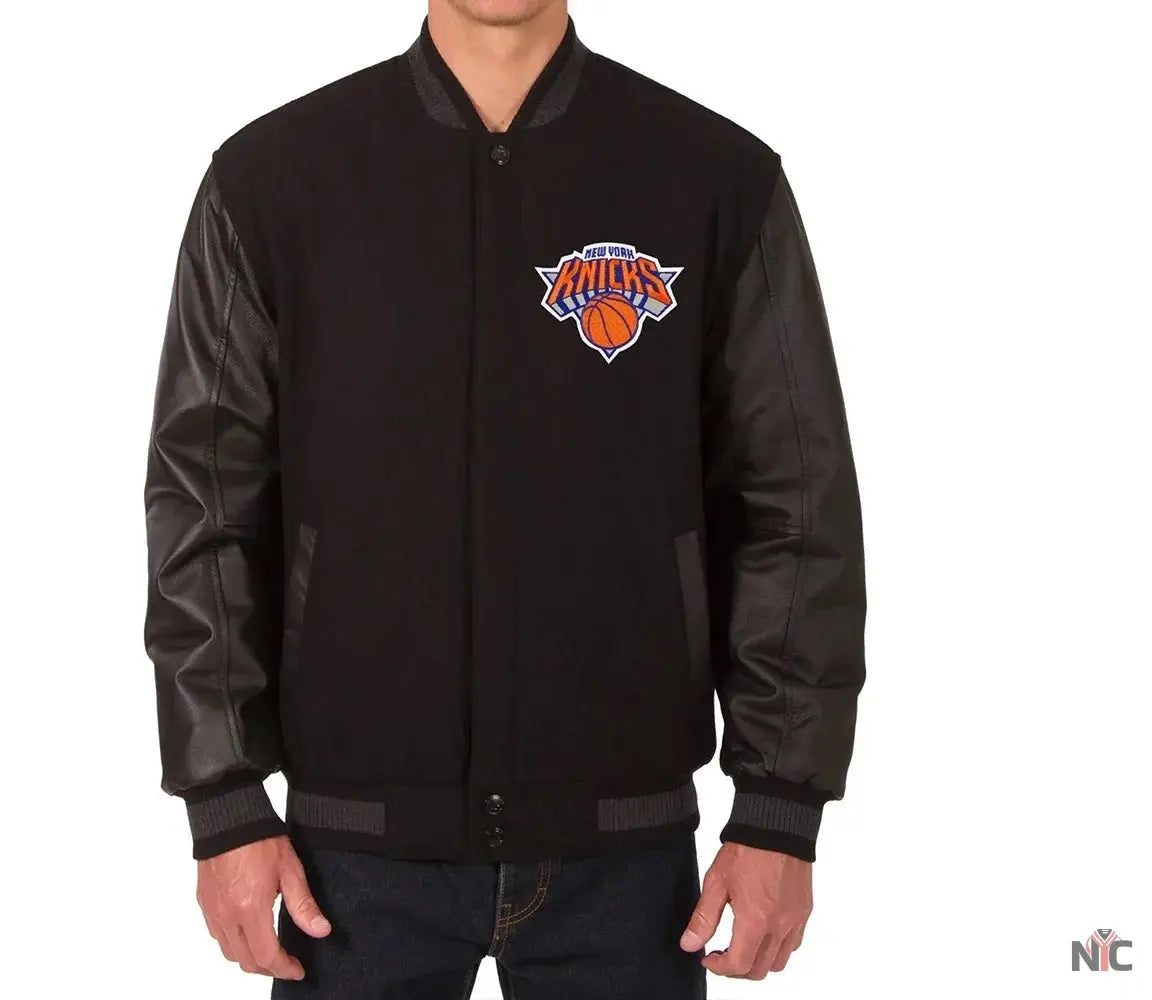 NY Knicks Black Wool And Leather Varsity Jacket