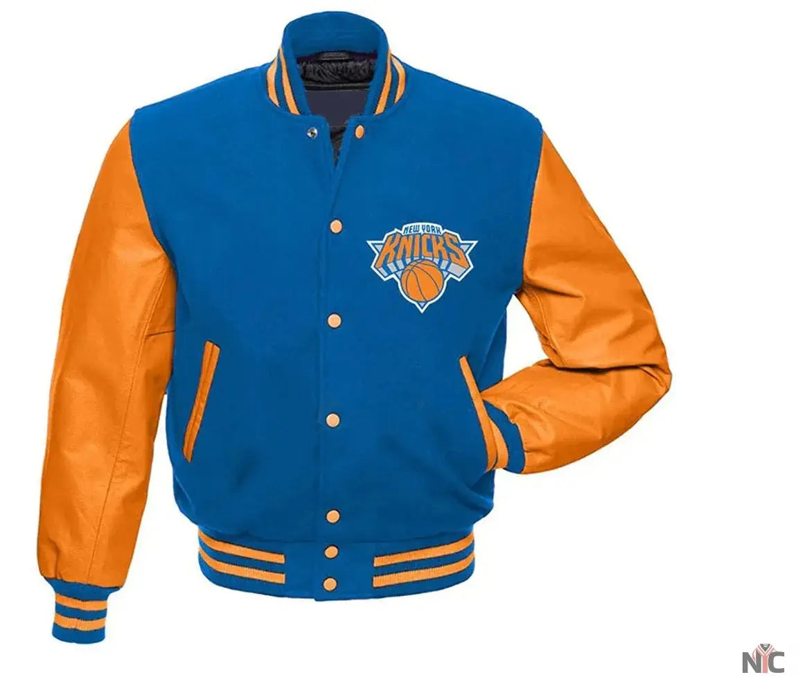 NY Knicks Blue and Orange Varsity Jacket	New York Knicks Jackets / NBA