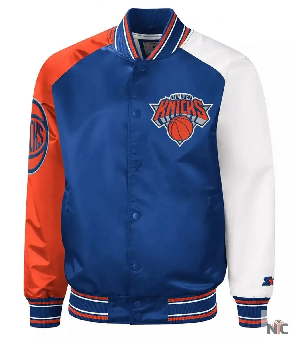 NY Knicks Reliever Raglan Royal Blue and Orange Satin Jacket
