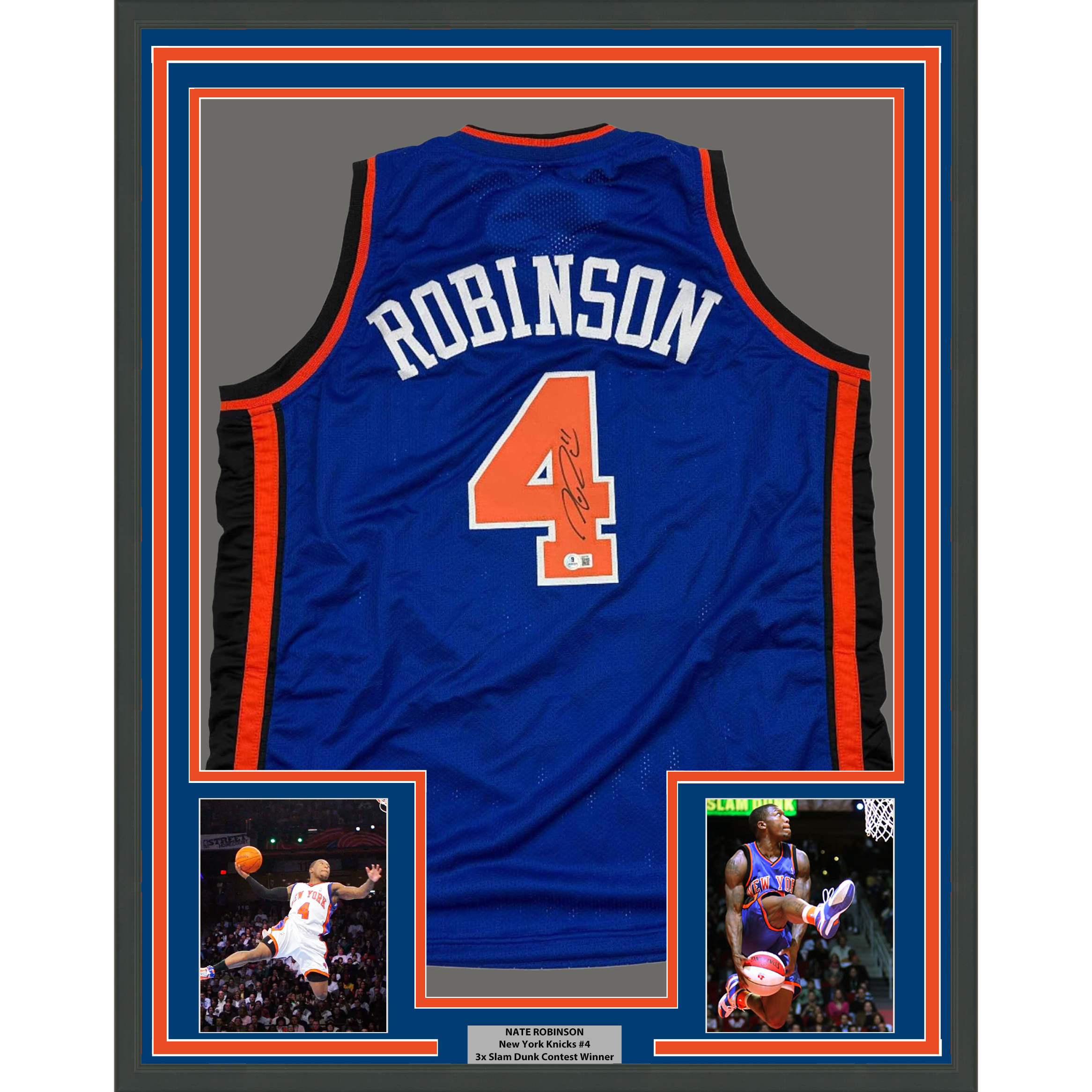 Framed Autographed/Signed Nate Robinson 35x39 New York Blue Basketball Jersey Beckett BAS COA