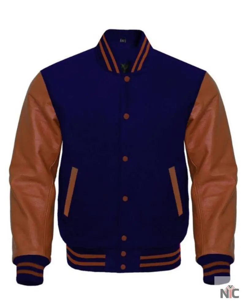 Navy Blue And Brown Varsity Jacket