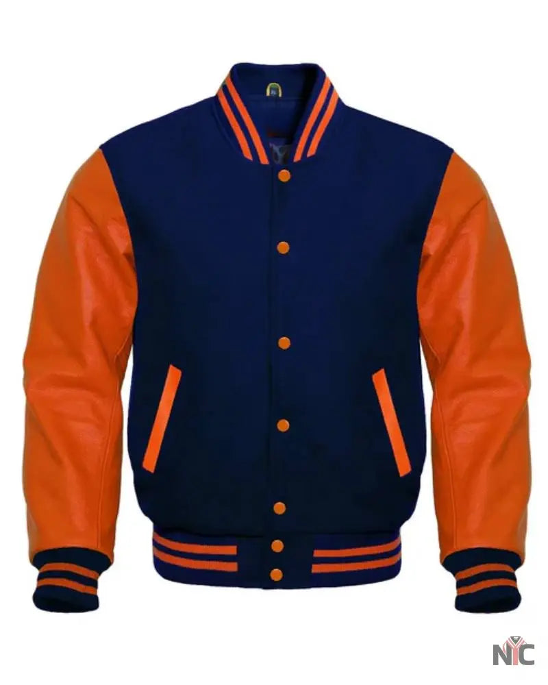 Navy Blue And Orange Varsity Jacket
