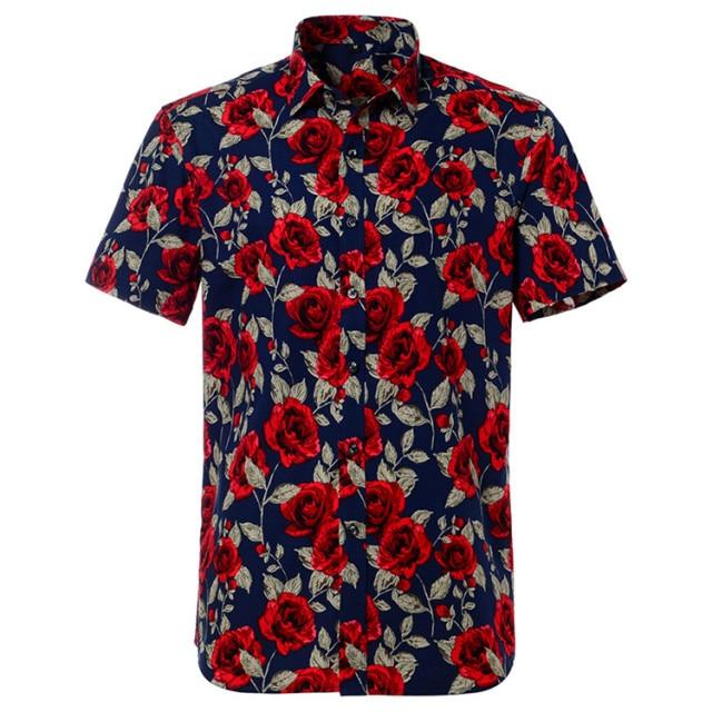 Navy Rose Hawaiian Cotton Short Sleeve Shirt