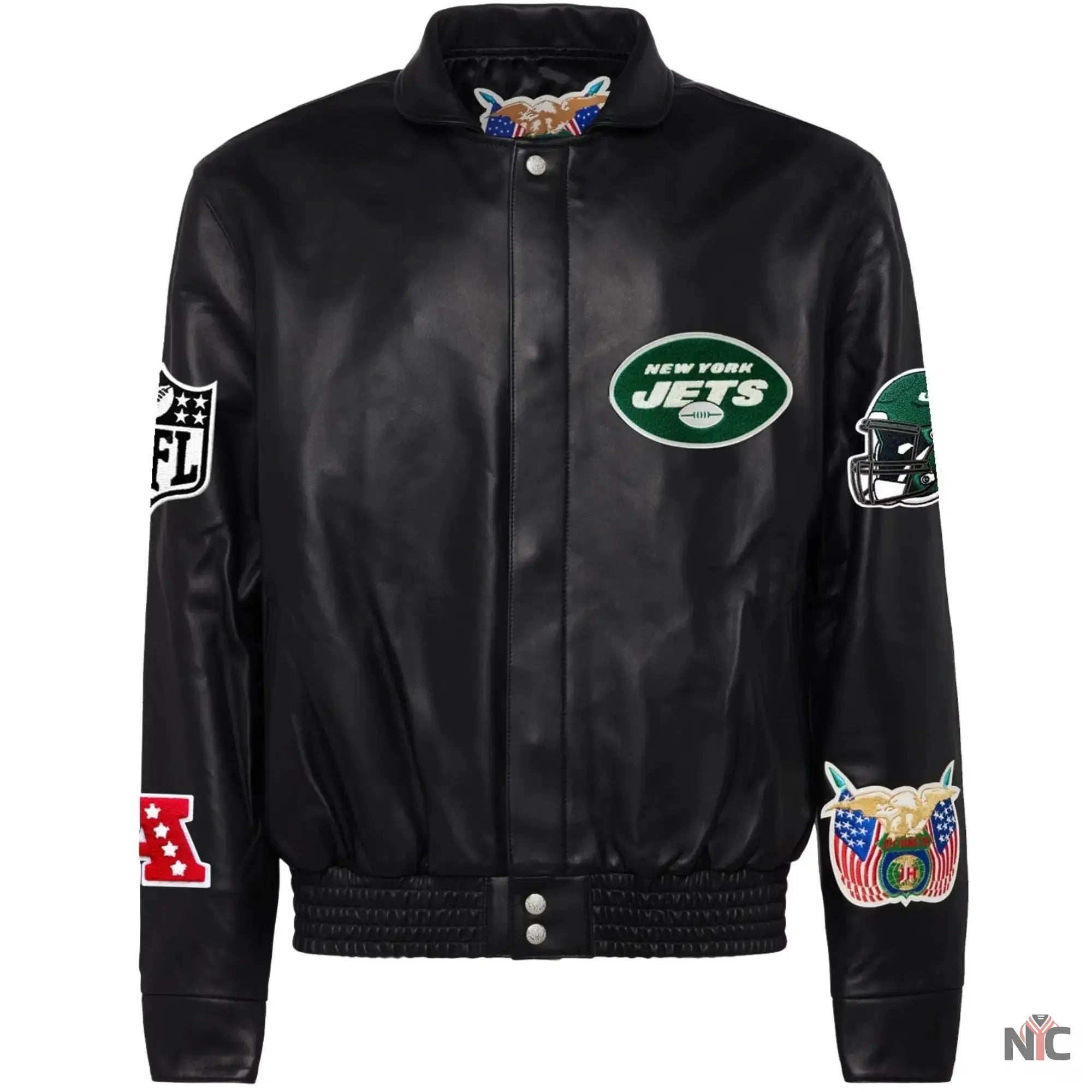 New York Jets Jeff Hamilton Black Leather Varsity Jacket
