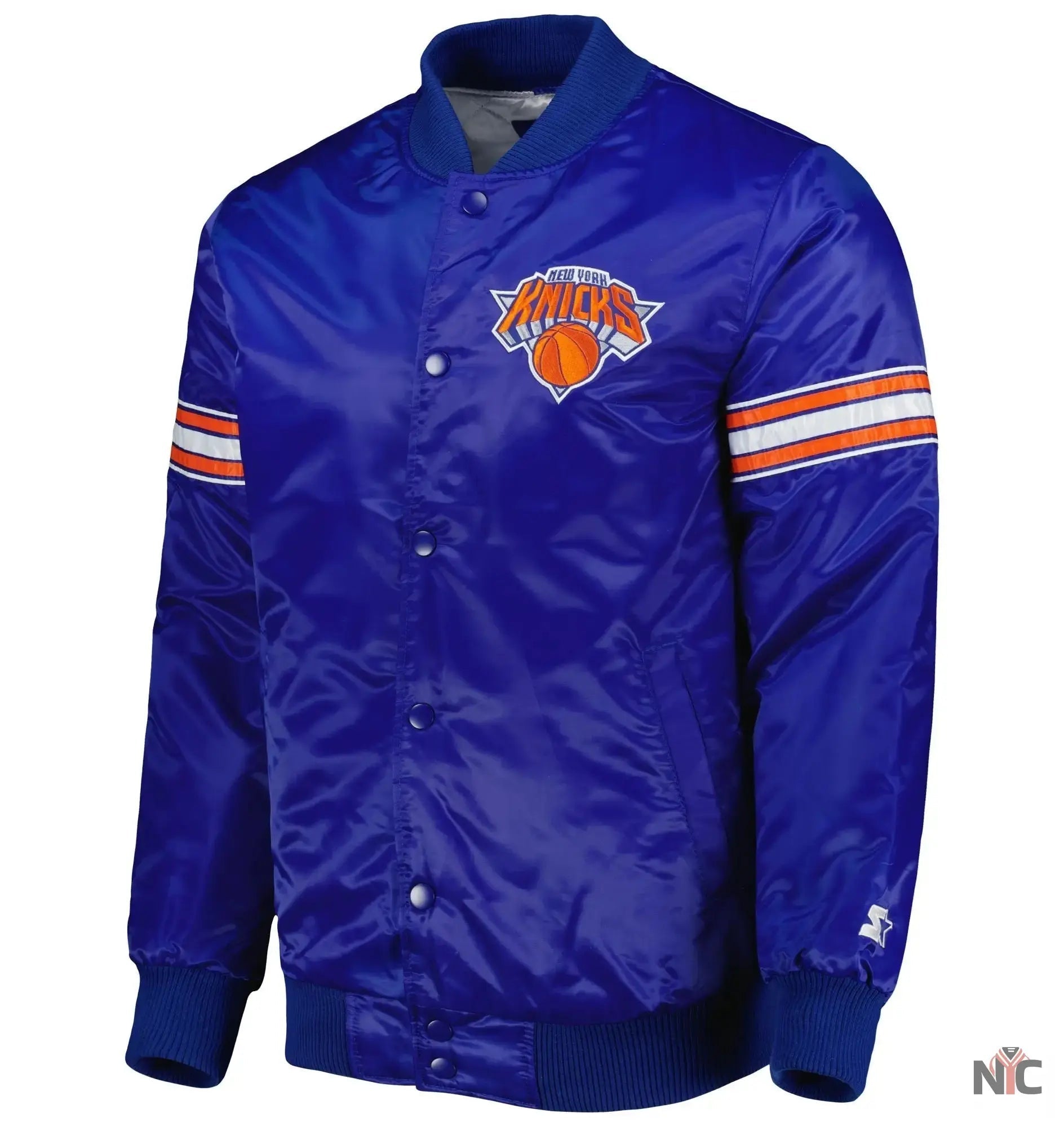 New York Knicks Pick &amp;amp; Roll Blue Satin Varsity Jacket