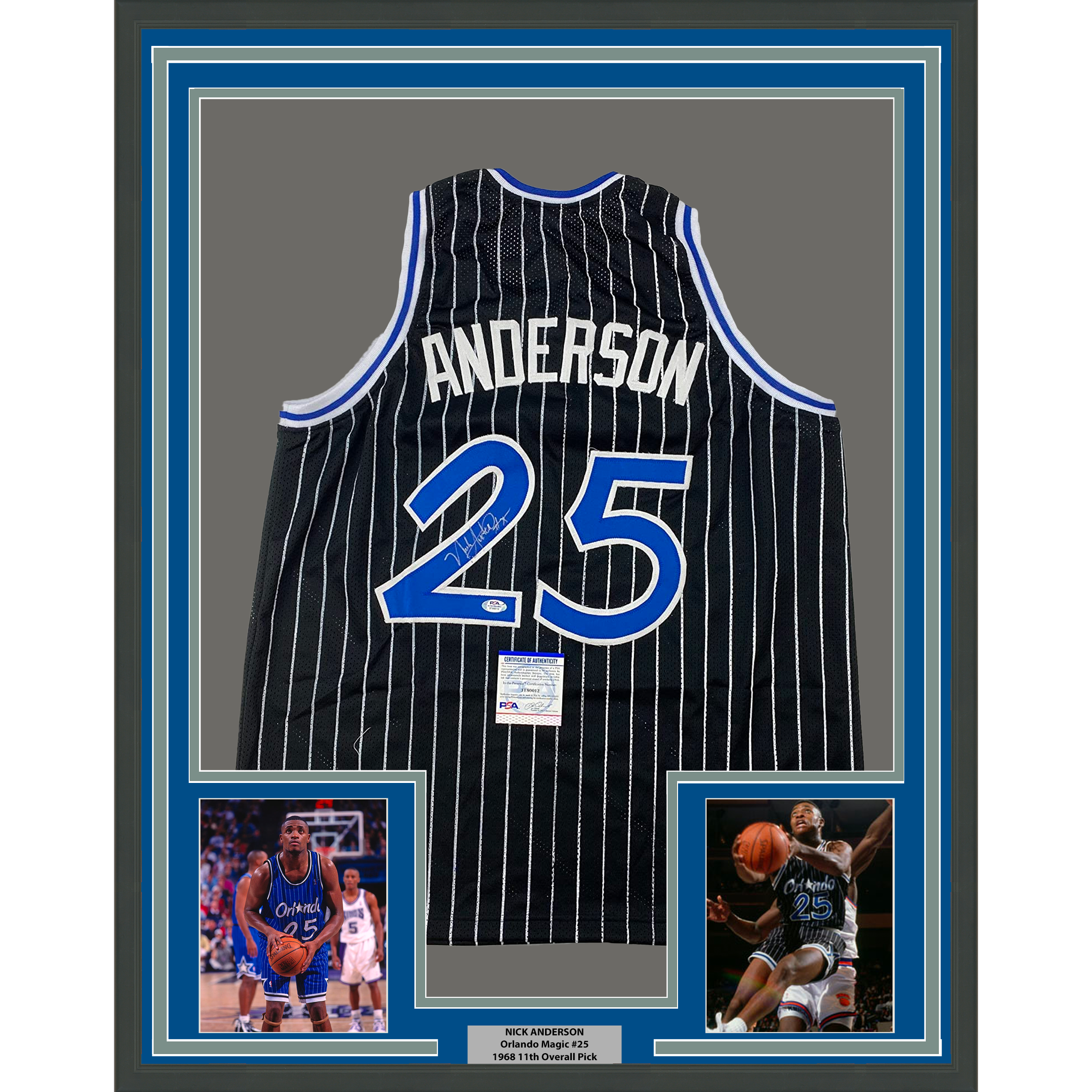 Framed Autographed/Signed Nick Anderson 35x39 Orlando Black Pinstripe Basketball Jersey PSA/DNA COA
