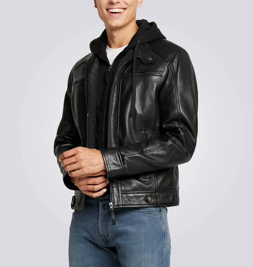 Nils Black Shearling Hooded Biker Leather Jacket
