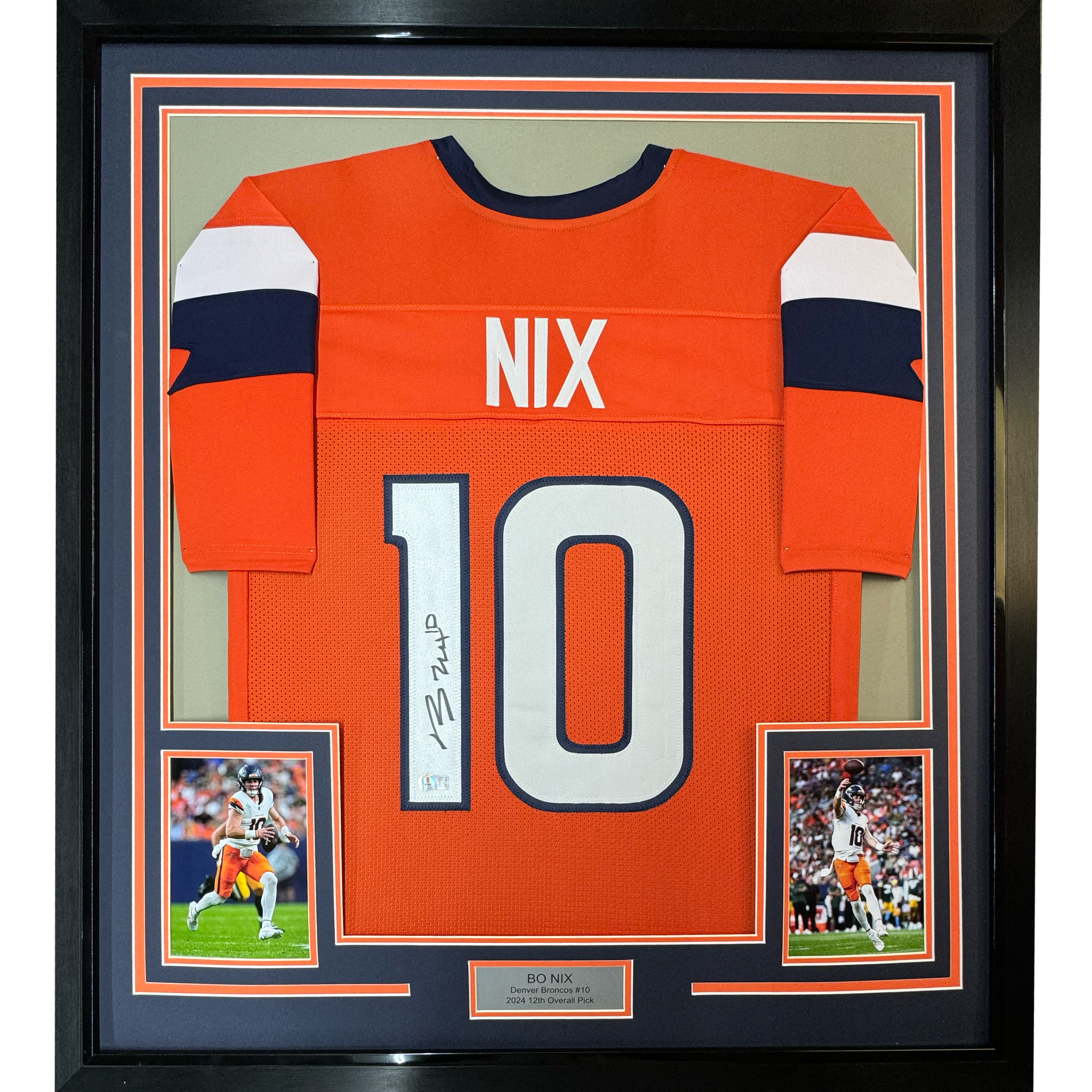Framed Autographed/Signed Bo Nix 35x39 Denver Orange Football Jersey Beckett BAS COA