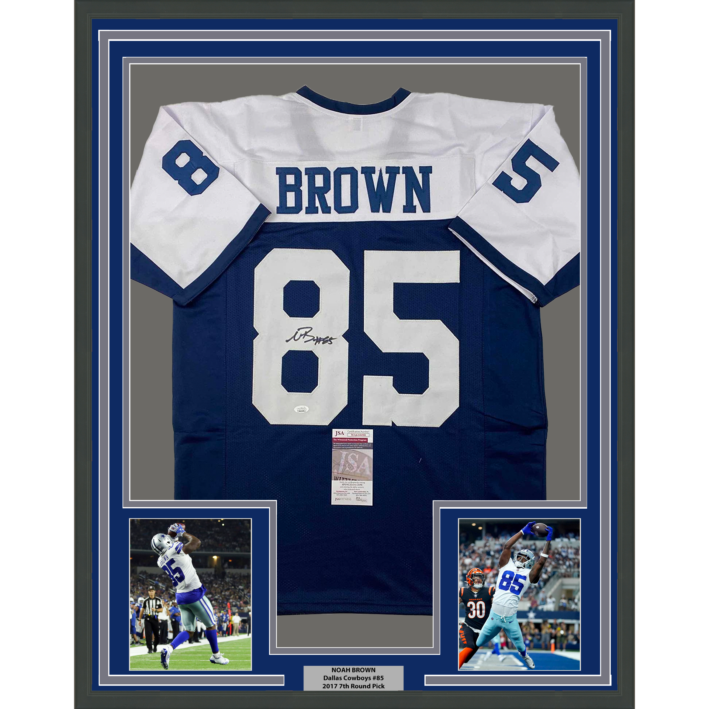 Framed Autographed/Signed Noah Brown 35x39 Dallas Thanksgiving Day Football Jersey JSA COA