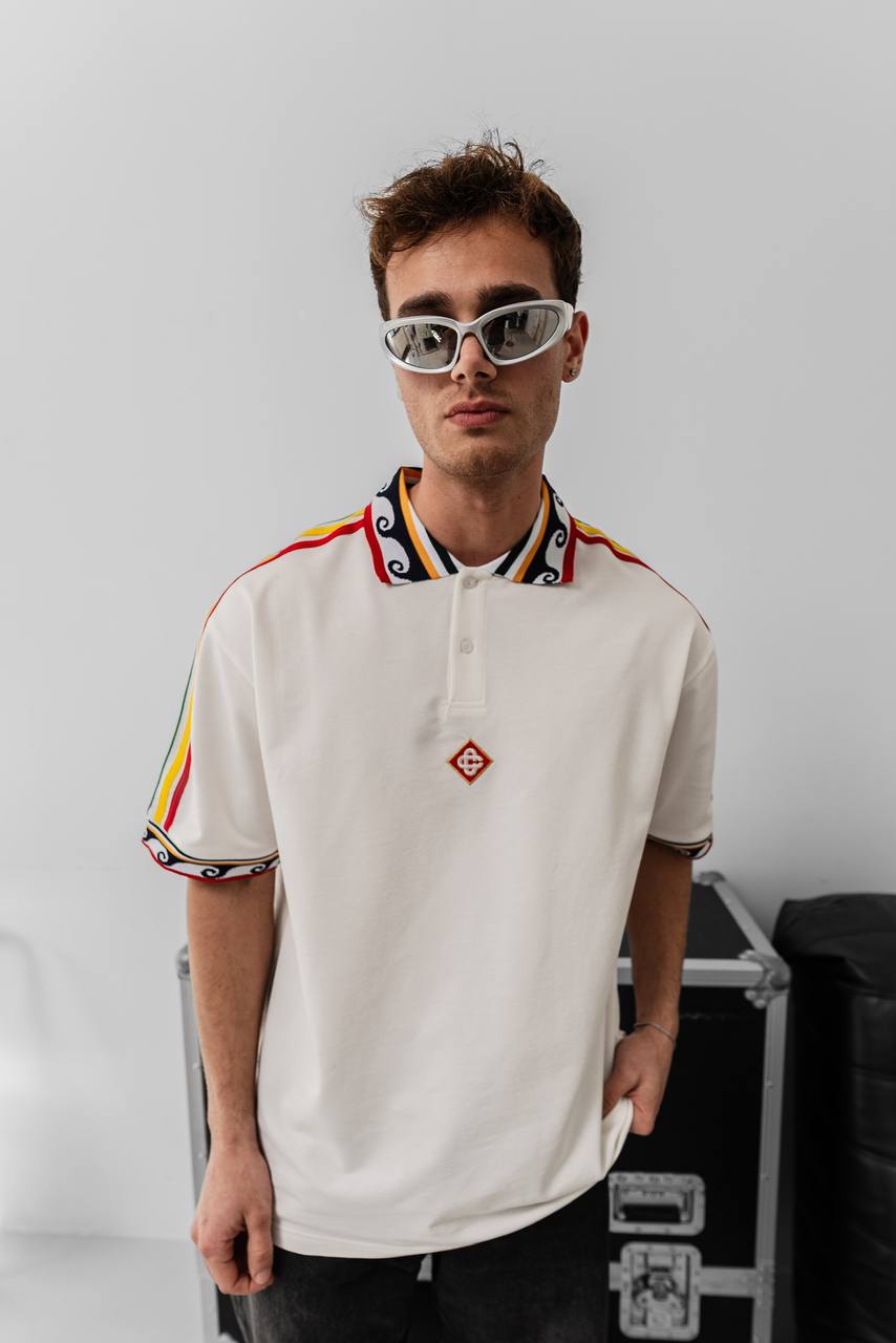 Ethnic Trim Oversized Polo T-Shirt – White Unisex Streetwear
