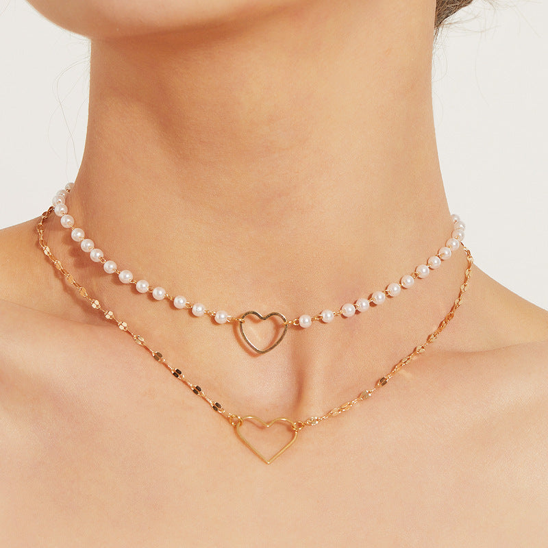 Love Heart Baroque Pearl Necklace Double Layer