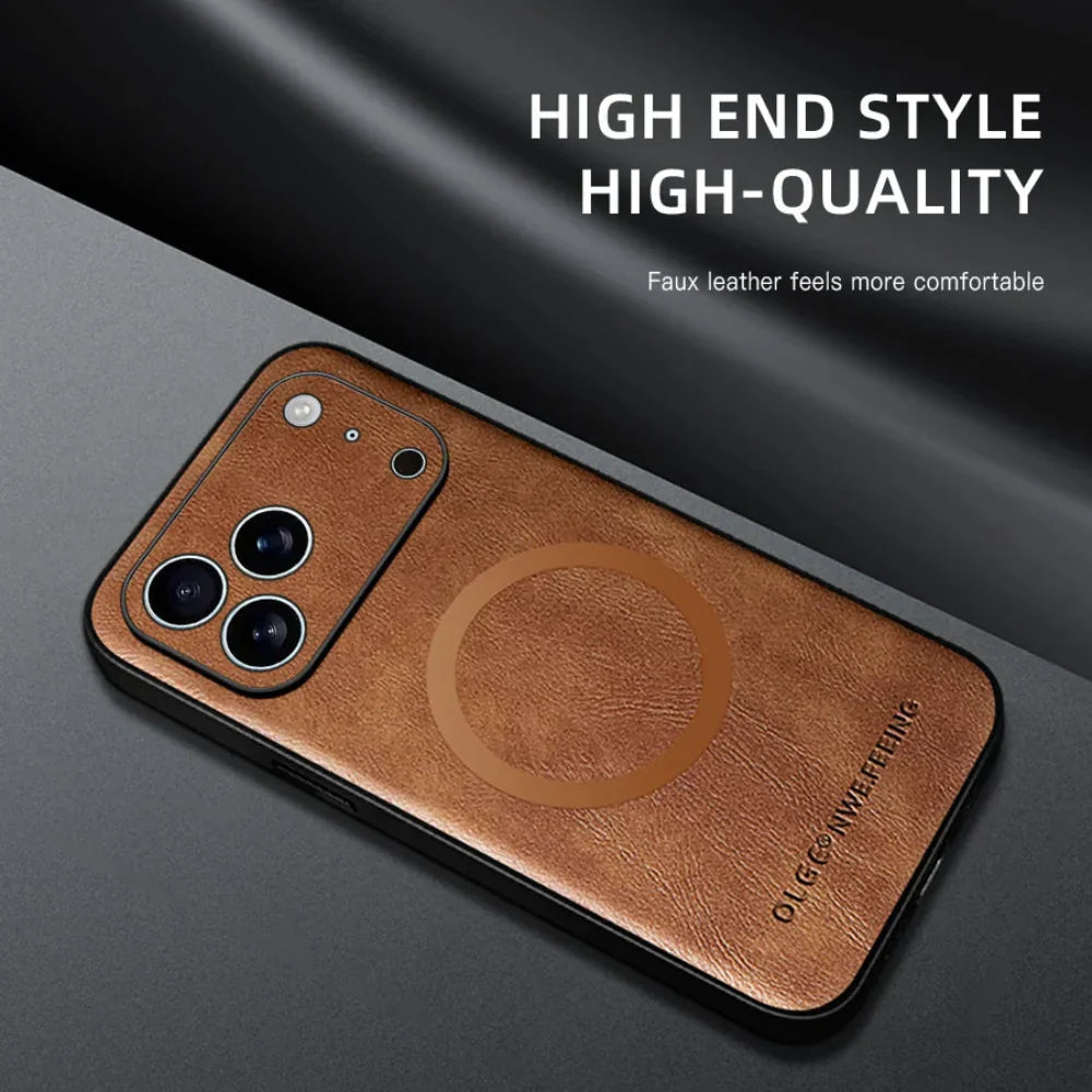 Vegan Leatther Magnetic charging compatible Phone Case for iPhone 13 to 17