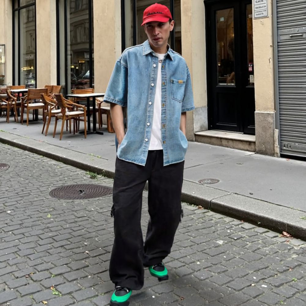 Men &amp;#39;s Over Size Washed Denim Short Sleeve Shirt