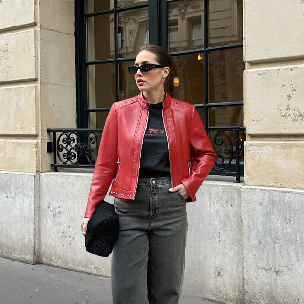 Women&amp;#39;s Stand Collar Vegan Leather Jacket With Studs