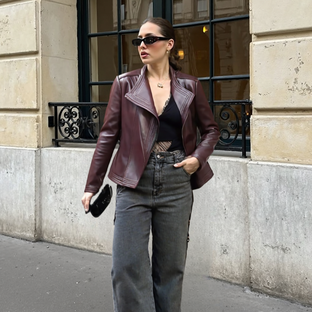 Women&amp;#39;s Lapel Collar Vegan Leather Jacket